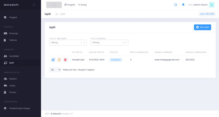 BetaSoft ekran za planiranje ispita