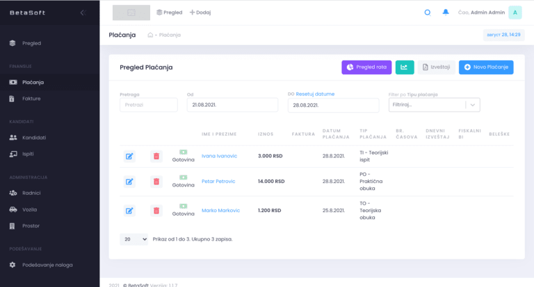 BetaSoft ekran za evidenciju uplata