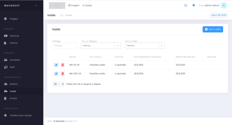 BetaSoft ekran za praćenje vozila i licenci